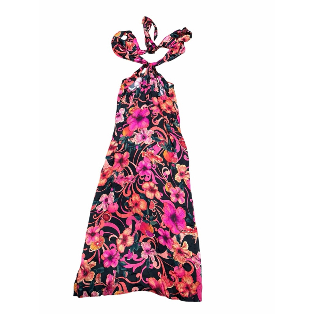 Cin Cin Tropical Hibiscus Maxi Dress XL Viscose Halter Resort Bali